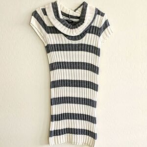 Express Mini Sweater Dress Ivory Grey Striped Cowl Neck Short Sleeve - Size L